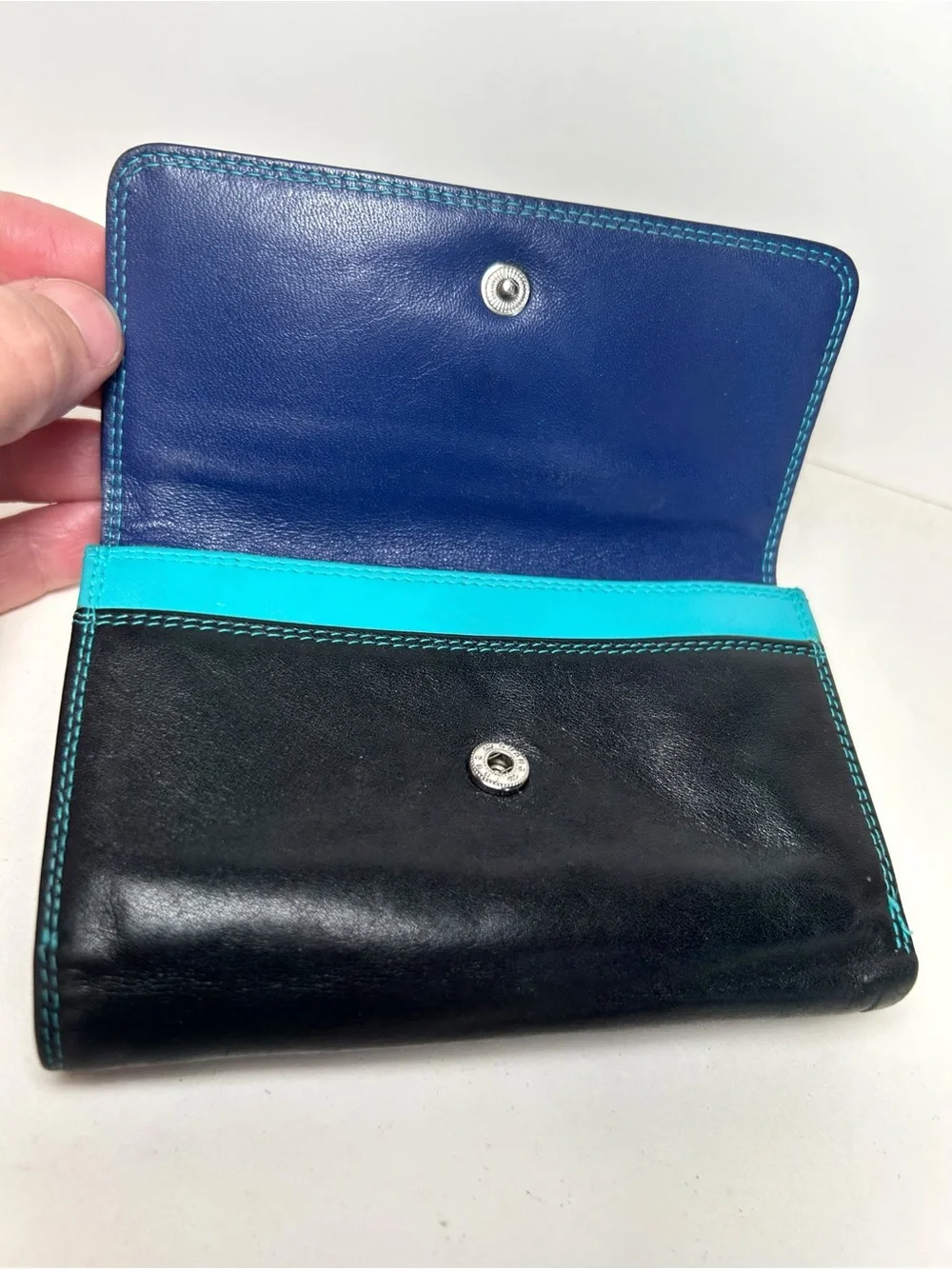 MyWalit Double Flap Ladies Trifold Leather Wallet -Black Multi, with Pen EUC